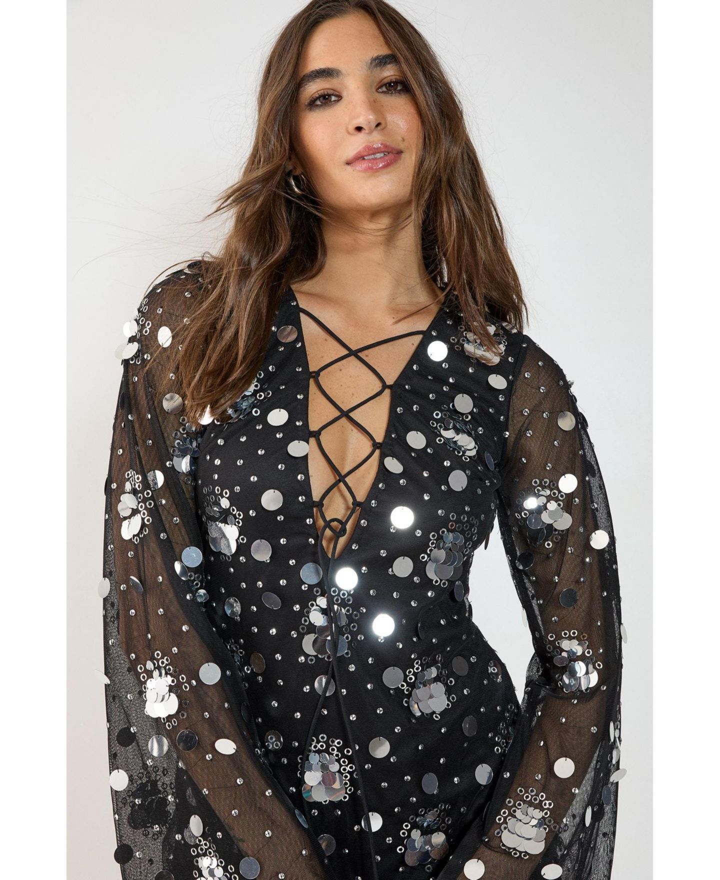 Женское платье Nasty Gal Lace Up Fluted Sleeve Mini, цвет: Чёрный — фото 4