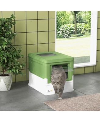 Smell-Proof Fully Enclosed Cat Litter Box with Scoop & Drawer Tray – Foldable Hooded Design,Yellowish Green