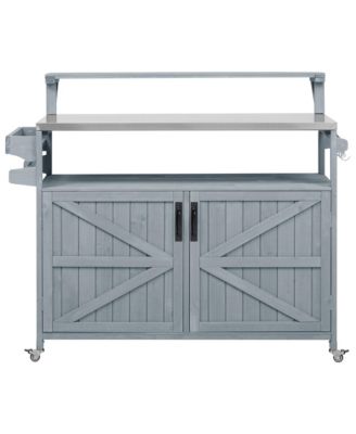 53.3" Outdoor Kitchen Island with Raised Shelf, Solid Wood Outdoor Rolling Grill Cart with Internal Storage