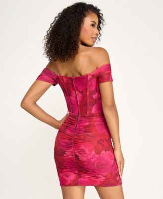Juniors' Printed Mesh Off-The-Shoulder Short Dress