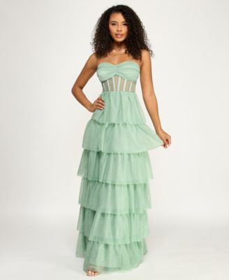 Juniors' Strapless Tiered Lace-Up Back Gown