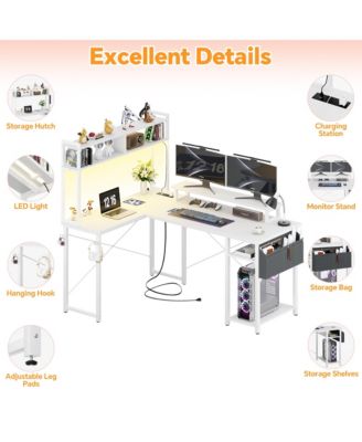 49'' Small L Shaped Desk with Hutch, Reversible Computer Gaming Desk with Outlet and LED Strip
