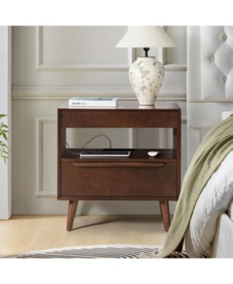 Jeraldo Mid-Century Modern 2-Drawer End Table with Built-In Outlets and Wooden Handle