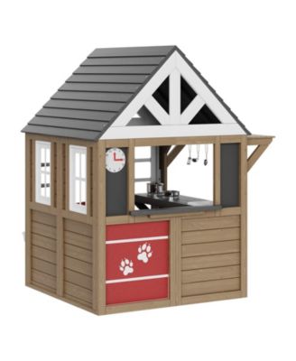 Wooden Playhouse with Kitchen Set and Cedar Construction for Kids Outdoor Play