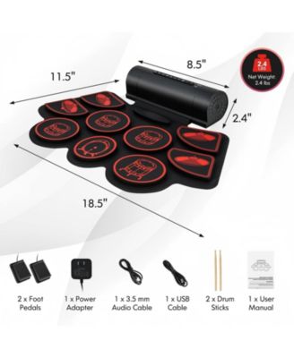 Portable Electronic Drum Set with Roll Up Pads MIDI Connection and Dual Speakers