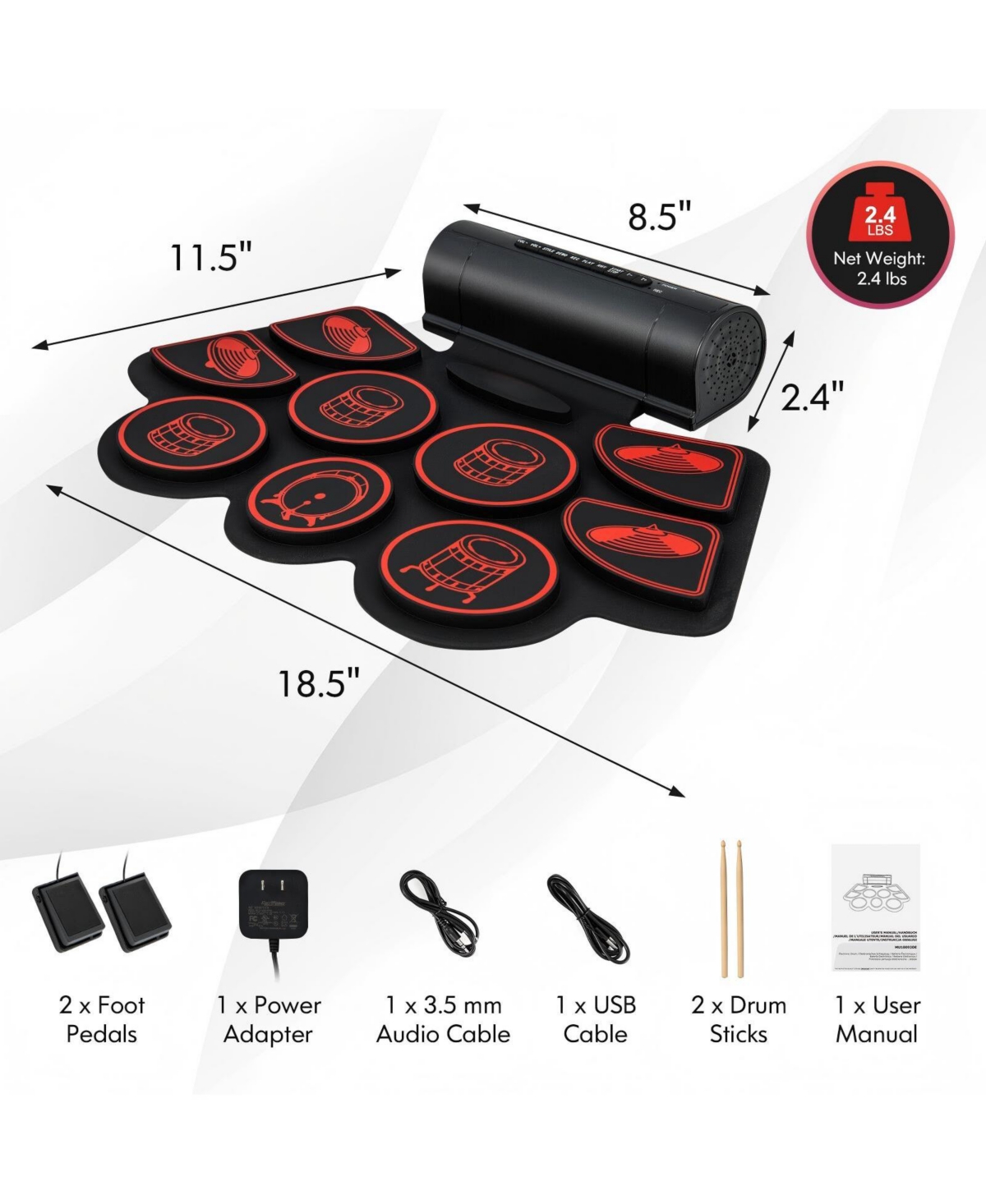 Hongge Portable Electronic Drum Set with Roll Up Pads Midi Connection and Dual Speakers