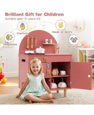 Wooden Kids Play Kitchen Set with Interactive Cooking Areas and Storage Shelves