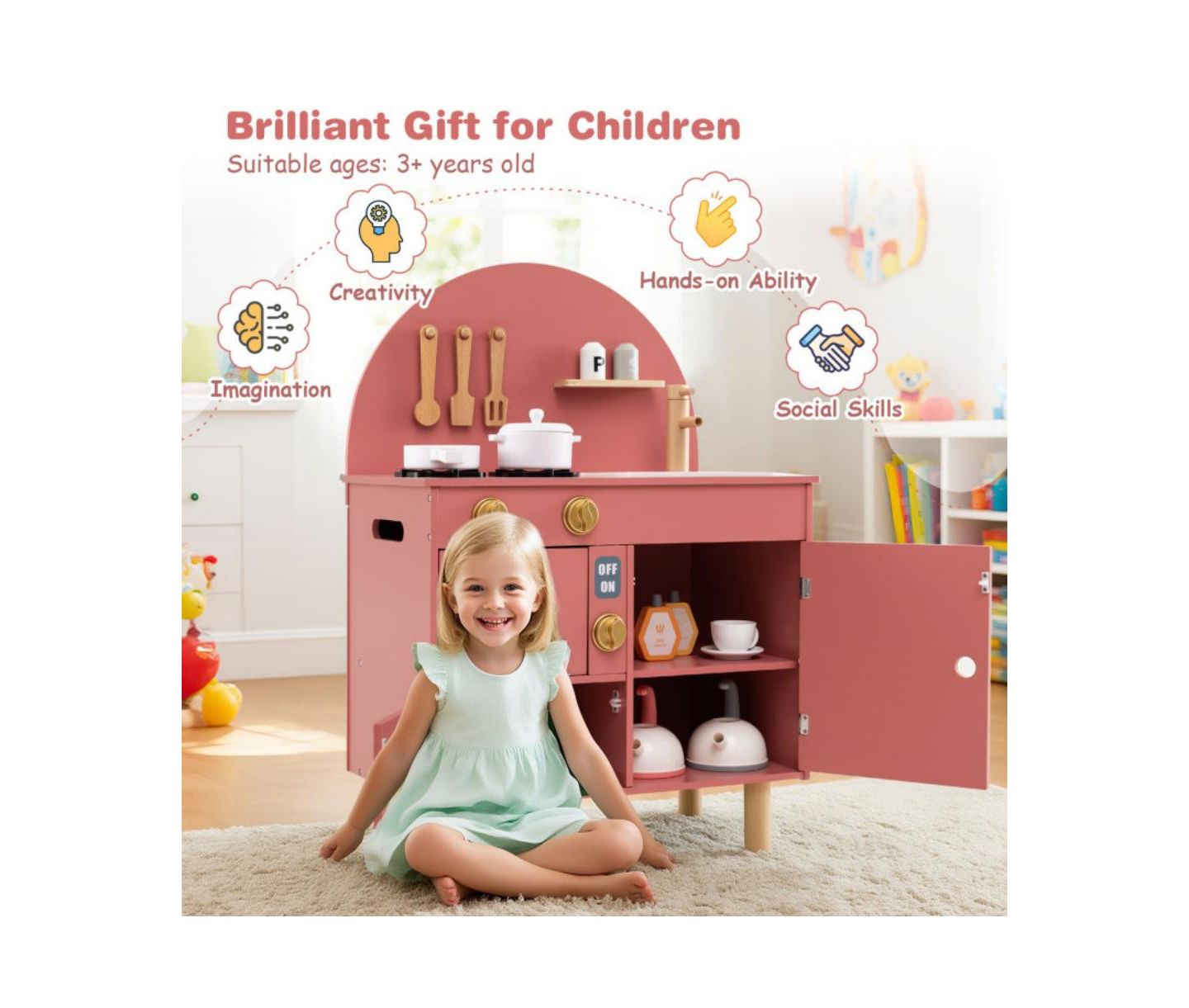 Детские игрушки HONGGE Interactive Cooking Wooden Play Kitchen Set with Built-In Storage, Ages 3+, цвет: Розовый — фото 10