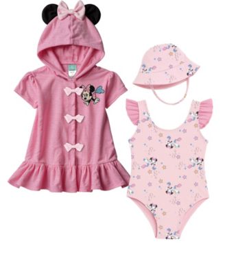 Baby Girls' Minnie Short-Sleeve Cover-Up, Swimsuit and Bucket Hat, 3-Piece Set