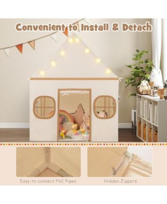 Kids Indoor Play Tent with Windows Star Lights Mat and Storage Pockets