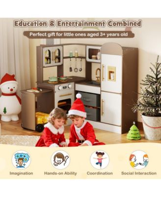 Kids Corner Wooden Play Kitchen with Lights Sounds Retractable Countertop and Storage