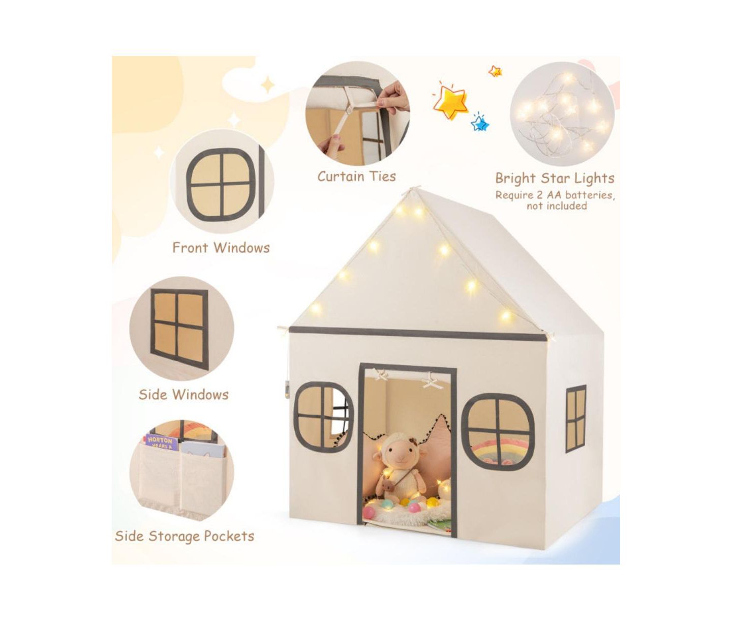 Детская игрушка HONGGE Star Lights Play Tent With Door Curtain, Ages 3+, цвет: Бежевый / Хаки — фото 8