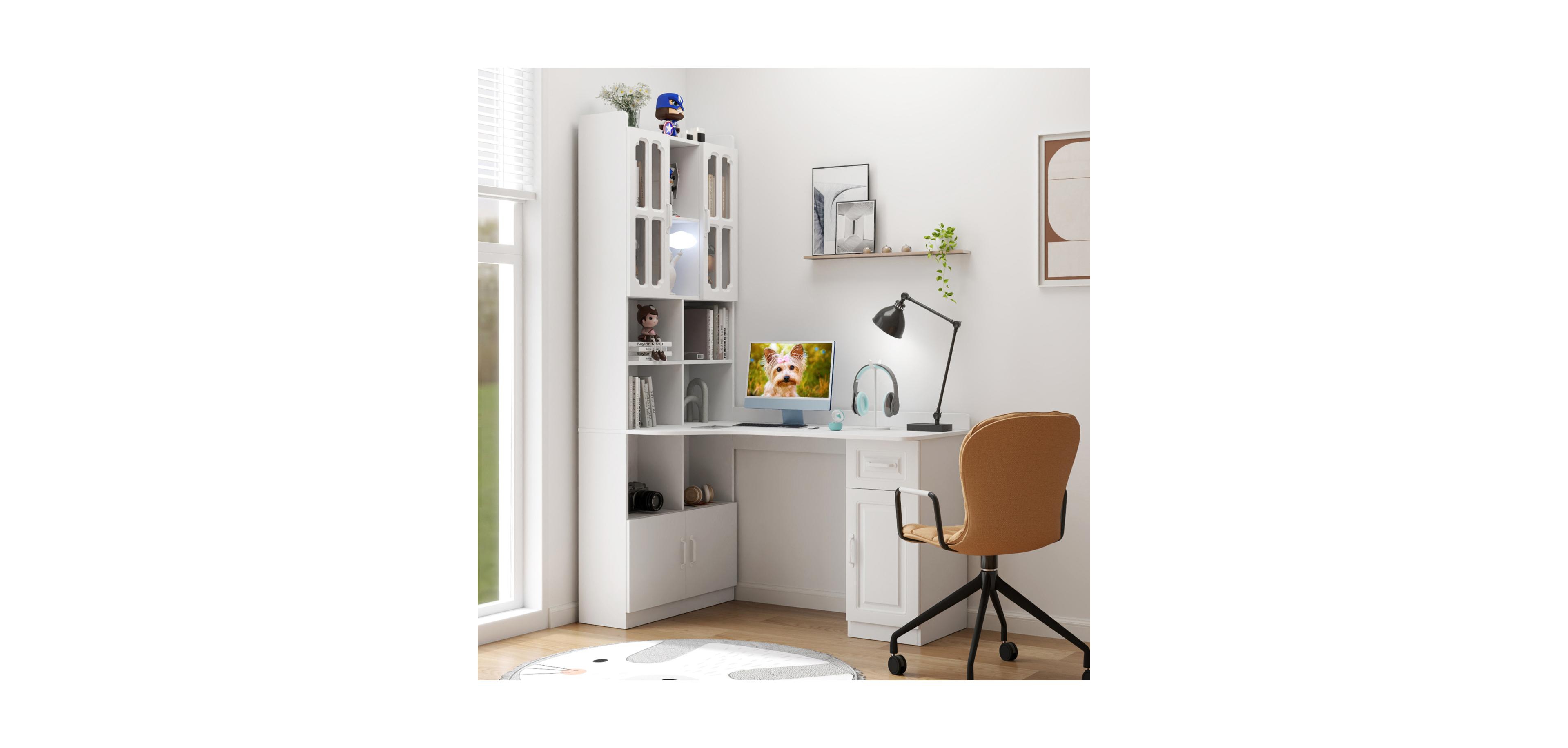 Streamdale L-Shaped Computer Desk with Drawers, Bookshelf, Hutch, White