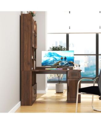 2-in-1 L-Shaped Corner Desk with Drawers, Bookshelf & Hutch