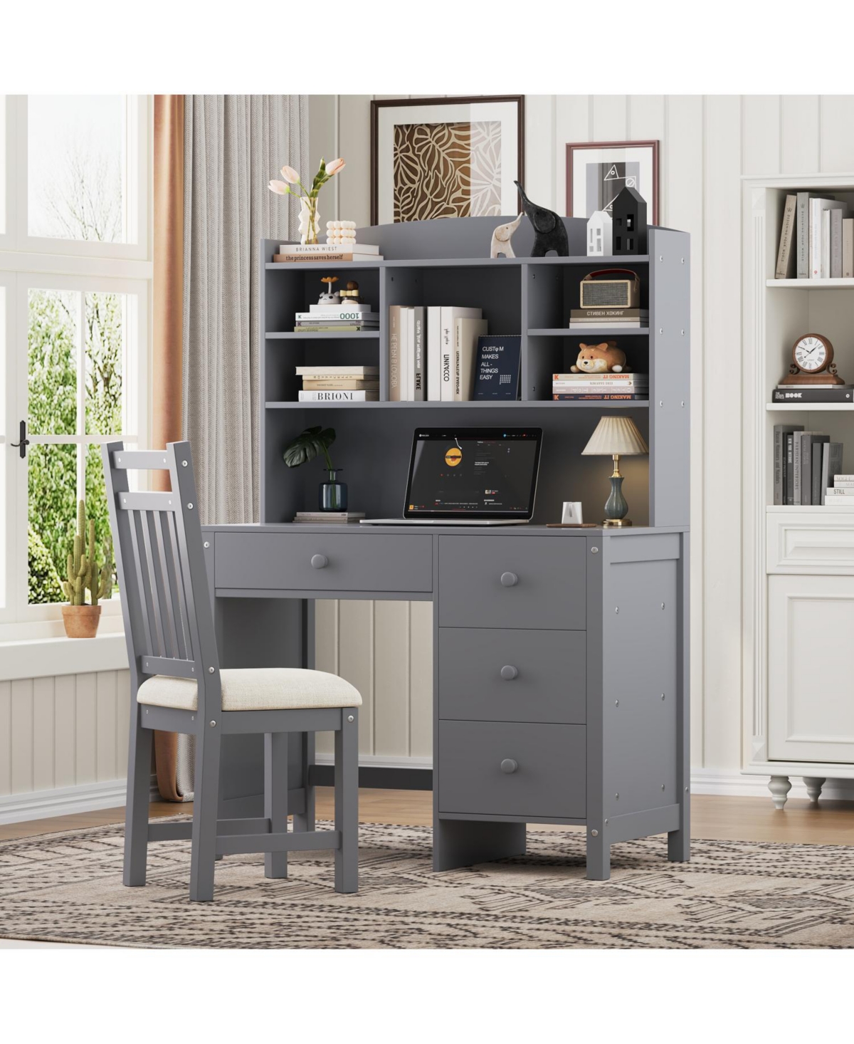 Streamdale Furniture Vintage Home Desk & Chair Set w/ Bookshelf & Drawers - Gray
