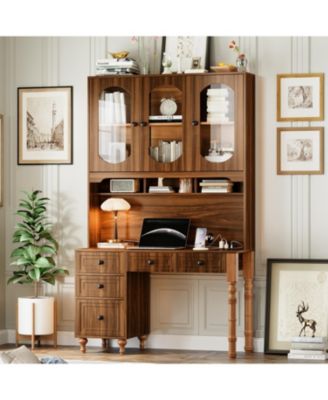 47" Retro Desk with Hutch, Charging, Drawers & Glass-Door Bookshelf, Walnut