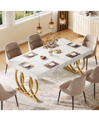 63-Inch Wood and Metal Faux Marble Tabletop Modern Kitchen Dining Table