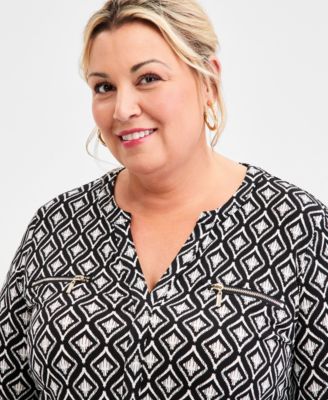 Plus Size Printed Split-Neck Long-Sleeve Top