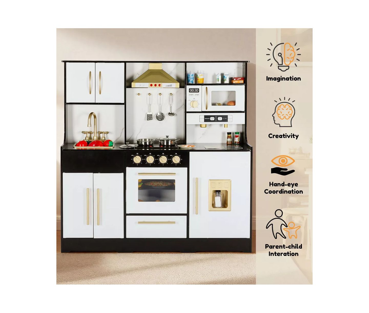 Детский игровой набор Kinder King Wooden Play Kitchen Playset, 9-Piece, Ages 3+, цвет: Чёрный — фото 4