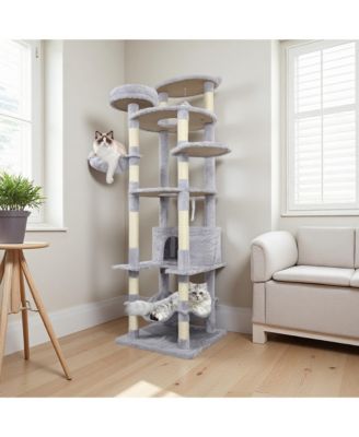 78.8 Light Gray Cat Tree Wide Base Large Condo 12 Sisal Posts Hammock Top Platform Interactive Toy