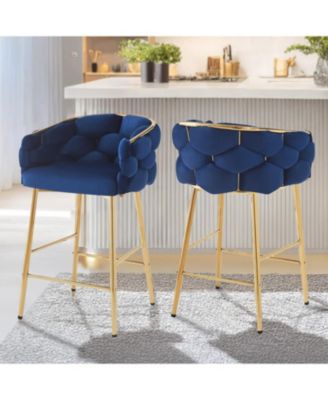 Set of 2 Modern Counter Stools, 28", Dark Blue with Iron Frame and Soft Cushion