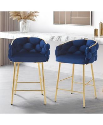 Set of 2 Modern Counter Stools, 28", Dark Blue with Iron Frame and Soft Cushion