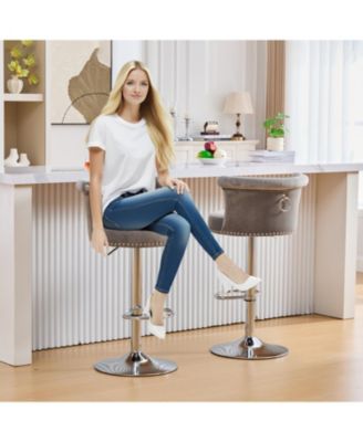  Velvet Bar Stool Set of 2, Adjustable Swivel, Silver Legs