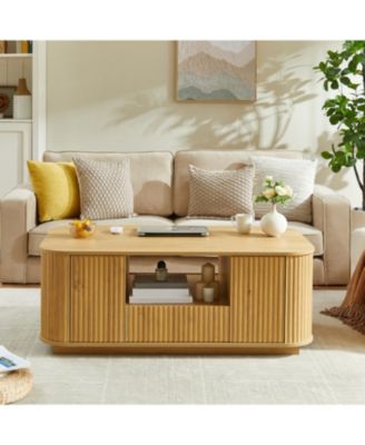 Modern Oval Coffee Table with Drawers & Storage - Natural