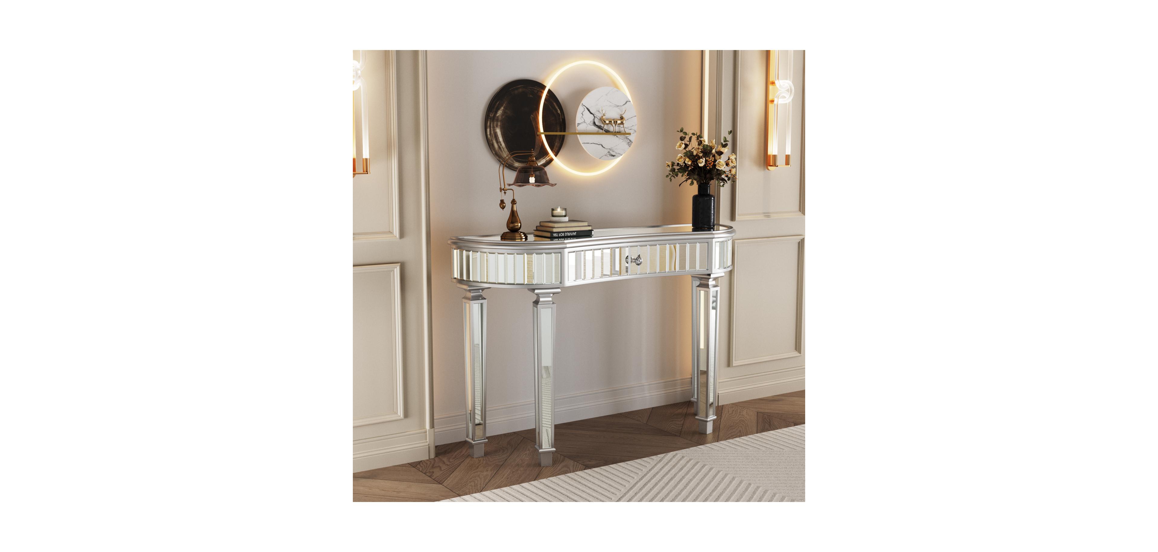 Streamdale Furniture 47" Half-Moon Mirrored Console Table - Silver Entryway Vanity