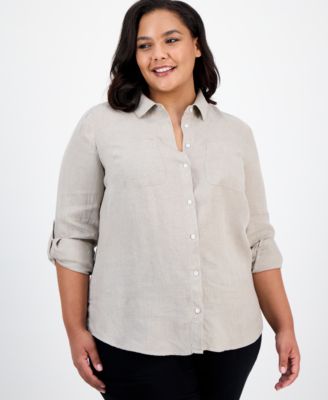 Plus Size 100% Linen Roll-Tab Shirt, Exclusively at Macy's