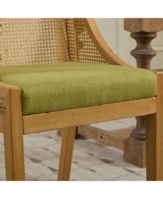 Rattan Dining Chair, Wood Frame, Linen Seat, Rustic Style, Olive Green