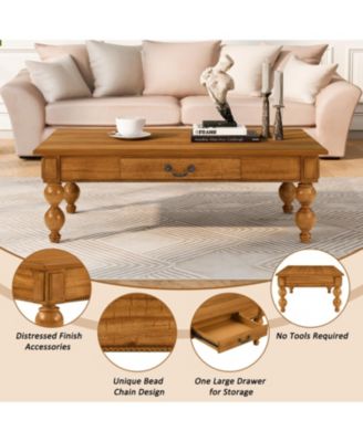 Solid Wood Coffee Table Set of 3 w/ Drawer - Vintage Style (Natural)