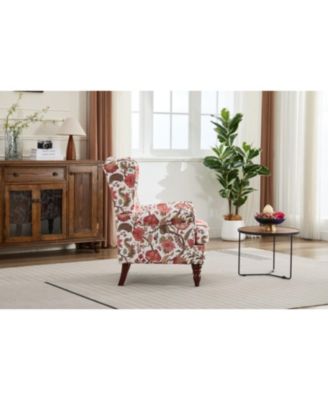 Floral Red Accent Chair with Wood Legs