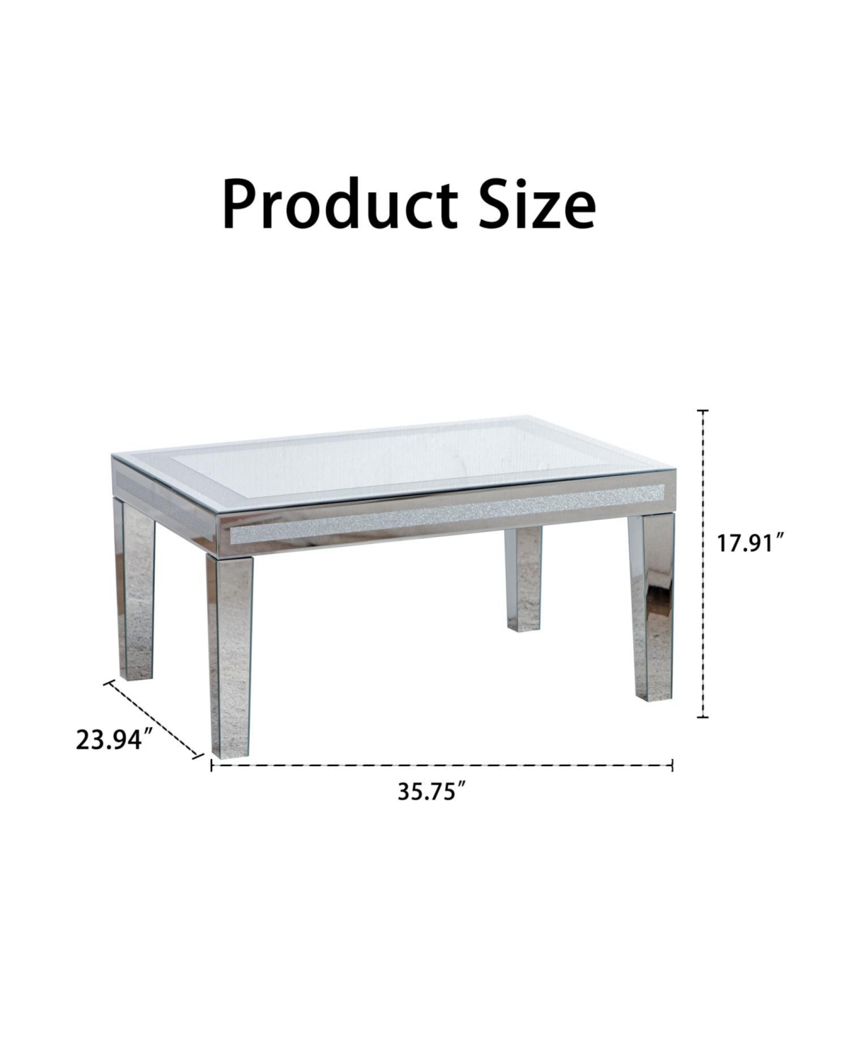 Streamdale Furniture Silver Crushed Crystal Coffee Table, Mirrored Glass, Glam Modern