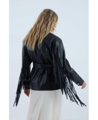 Women's Fringe Faux Leather Belted Jacket