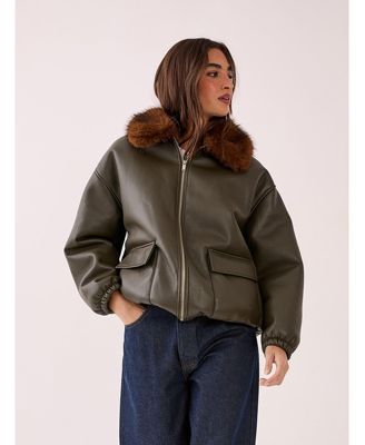 Women's Faux Fur Collar Bomber Jacket