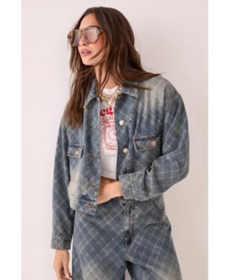 Women's Check Denim Distressed Jacket