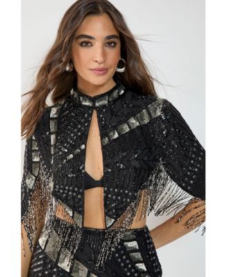 Women's Panelled Sequin Tassel Cape