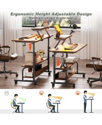 Small Standing Desk with Power Outlets and LED Light, Mobile Lift Top Desk with Monitor Stand