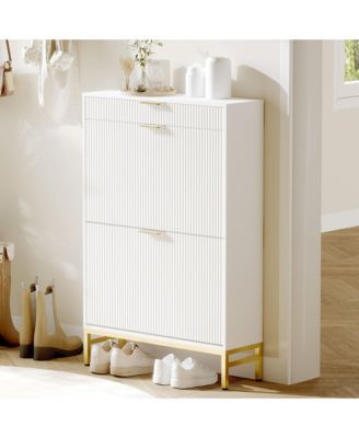 Fluted Shoe Storage Cabinet, Narrow Shoe Organizer with 2 Flip Drawers