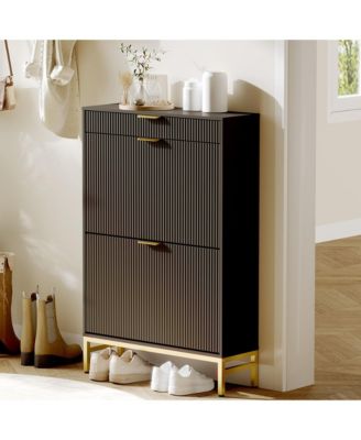 Fluted Shoe Storage Cabinet, Narrow Shoe Organizer with 2 Flip Drawers