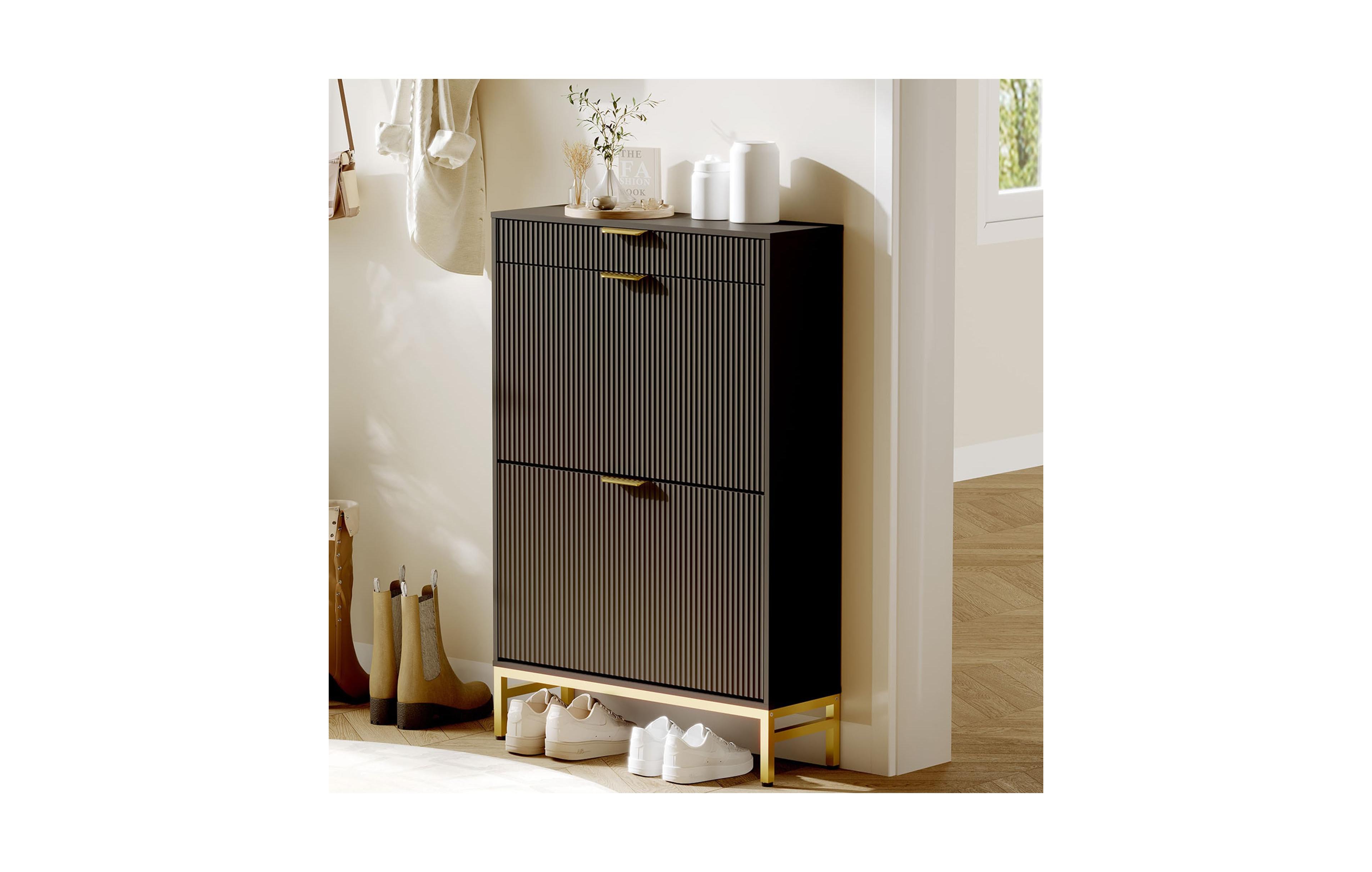 gaomon Fluted Shoe Storage Cabinet, Narrow Organizer with 2 Flip Drawers