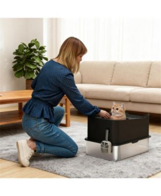 Black Stainless Steel Top-Entry Cat Litter Box with Scoop & Odor Control – 17.2 Gallon, for Cats