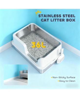 Light Gray Stainless Steel Litter Box for Large Cats: High Sides & Scoop, Elevate Your Space with Sleek