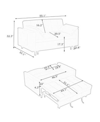 55 Inch Pull Out Sleeper Loveseat Sofa Bed, Convertible Velvet Couch with Pillows and Side Storage Pockets