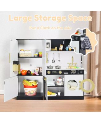 Pretend Play Kitchen Wooden Toy Set for Kids with Sounds, Utensils, Oven & Microwave, Gift for Age 3+