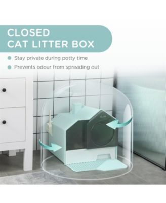 Easy-Clean Hooded Cat Litter Box Set with Odor Control Mat, Pull-Out Drawer, Scoop & Handle in Light Blue