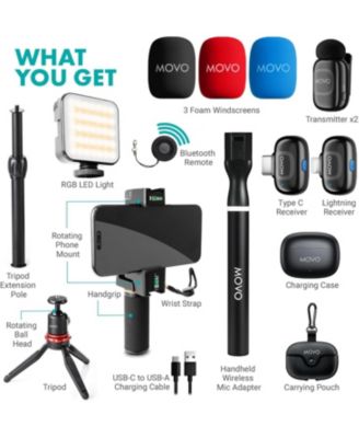 iVlogger-PRO Wireless Vlogging Kit for iPhone/Android with Dual Wireless Mics, RGB Light, Tripod + More