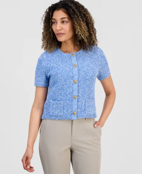 Petite Marled Short-Sleeve Cardigan - Bliss Blue