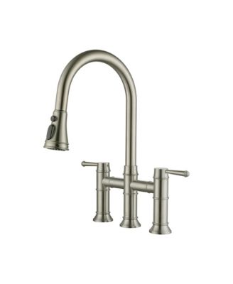 Boyelliving 3 Hole Kitchen Faucet with Pull Down Sprayer, Double Handle Kitchen Sink Faucet Brass Vintage Kitchen Faucets